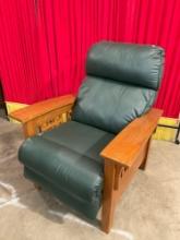 La-Z-Boy Mission Inspired Eldorado Wood Recliner Model 029423 w/ Dark Green Leather Upholstery.