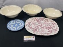 Trio of Homer Laughlin Bowls, Wedgwood Blue Bisque Porcelain Dish, WR&C Flosculous Red Platter