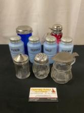 Rare Vintage Jeannette Delphite Blue Depression Salt, Pepper, Sugar, & flour Set + more see pics