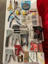 33 pcs Vintage Hand Tool Collection. Staple Guns & Staples, "Pop" Rivetools & Rivets. Bostitch,