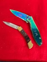 Duo of Sheffield Folding Pocket Knives - Resin & Brass - Chromatic motif