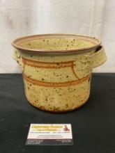 Vintage Handled Stoneware Speckled Vessel, Beige pale yellow in color