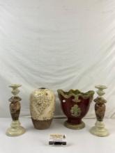 4 pcs Contemporary Beige & Brown Decoration Assortment. Urn, Planter, 2 Candlestick Holders. See