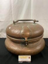 Antique Engraved Large Copper portable heater/stove or vessel w/ lid - Asian/Eastern origin