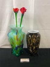 Lavorazione Arte Murano Multicolor Vase & Tortoise Shell Hand Blown Vase & Pair of Glass Roses