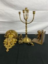 Vintage Brass Collectibles incl. 5pc Candleholder, Elephant wall shelf, Cherub Bookend, Dog figures