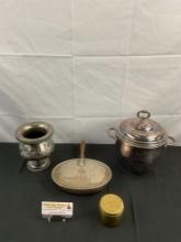 4 pcs Metal Vessel Assortment. Antique Silver Plated Vase & Crumb Catcher w/ H. K. Z. Logo. See