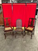 3 pcs Antique Wooden Buffet Chairs Assortment. 1 Urn Back, 1 Caned Back, 1 Lyre Back. See pics.