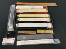 Assortment of Vintage Wooden Slide Rulers w/ Leather Cases, Post + K&E, 11 pieces
