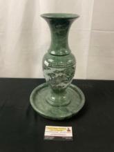 Vintage Chinese Green Marble Vase w/ Dragon in the Clouds Design & Plate