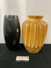 Vintage Pair of Vases, Unique Lacquered Bamboo & Chinese Stoneware Black Vase