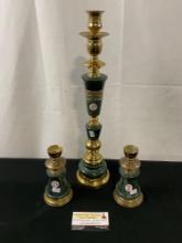 James Mont Style Green Marble and Bronze Column Table Lamp & Pair of Candlesticks