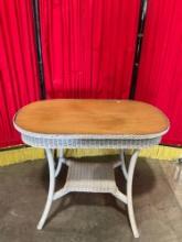 Vintage Lloyd Loom 2-Tier Lozenge Shaped White Painted Wicker Side Table w/ Oak Table Top. See pi...