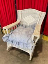 Vintage White Painted Wicker Rocking Patio Armchair. As Is. Measures 28" x 34" See pics.
