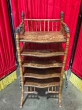 Antique Victorian Ball Stick Burnt Bamboo & Tiger Oak 5-Tier Music or Book Stand. See pics.