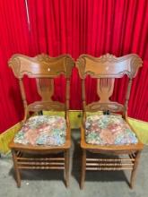 Pair of Vintage Tiger Oak Pressed Back Chairs w/ Updated Floral Upholstery. Excellent Condition. ...