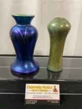 Pair of Iridescent Bud Vases, 1x Signed Blue/Purple, other is Yellow, Both 6 inches tall