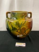 Early 20th Century Pottery, Signed by artist Glazed Double Handled Vase Green/Orange Ombre