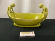 Early 20th Century Rookwood Chartreuse Oval Serving Bowl w/ pair of Nude Women Ornaments