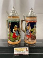Pair of Vintage Gerz German Salt Glazed Beer Steins, Painted w/ Folk Scenes