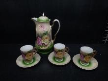 Antique Hand painted Teapot with Cups and Saucers