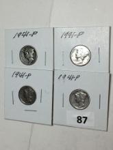 (4) 1941 P Silver Mercury Dime 