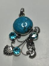 .925 Stamp 3" Amazing A A A Arizona Turquoise With Blue Topaz Unique Pendant 