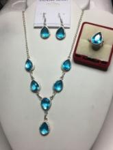 20" A A A Gorgeous Detailed Blue Faceted Topaz Drop Necklace W/ Matching Earrings & Adj Ring Set