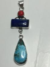 .925 3" A A A Quality Blue Lazuli Earth Mined Turquoise Lapis Coral Gemstone Pendant 