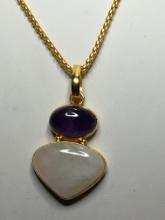 18kt Plate 2" Beautiful Moonstone And Amethyst Pendant On 18kt Chain