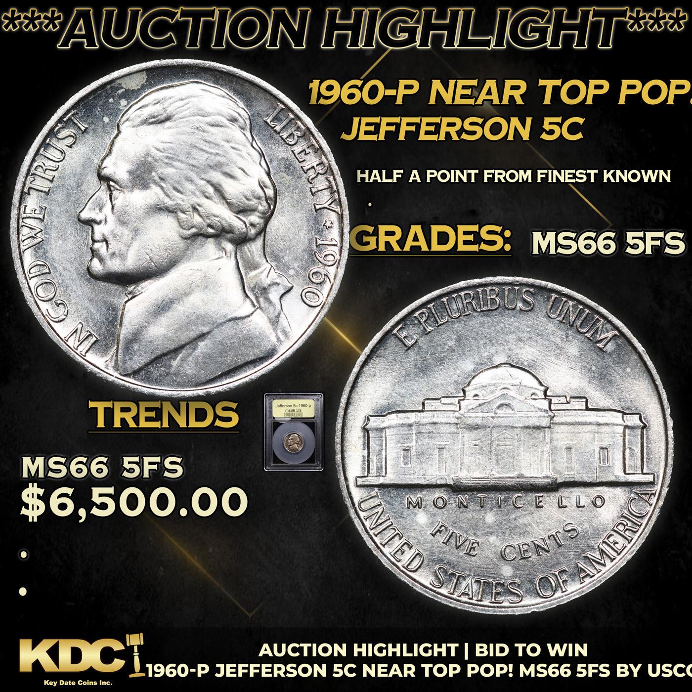 ***Auction Highlight*** 1960-p Jefferson Nickel Near TOP POP! 5c Graded GEM+ 5fs By USCG (fc)