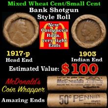 Small Cent Mixed Roll Orig Brandt McDonalds Wrapper, 1917-p Lincoln Wheat end, 1903 Indian other end