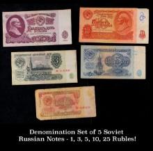 Denomination Set of 5 Soviet Russian Notes - 1, 3, 5, 10, 25 Rubles! Grades