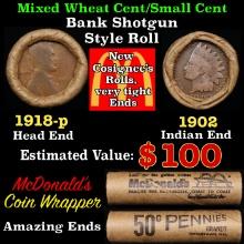 Small Cent Mixed Roll Orig Brandt McDonalds Wrapper, 1918-p Lincoln Wheat end, 1902 Indian other end