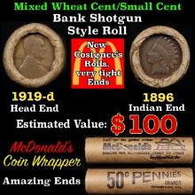 Small Cent Mixed Roll Orig Brandt McDonalds Wrapper, 1919-d Lincoln Wheat end, 1896 Indian other end