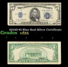 1934D $5 Blue Seal Silver Certificate Grades vf+