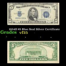 1934D $5 Blue Seal Silver Certificate Grades vf+