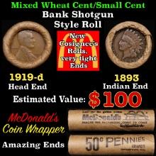 Small Cent Mixed Roll Orig Brandt McDonalds Wrapper, 1919-d Lincoln Wheat end, 1893 Indian other end