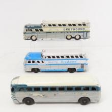 3 Greyhound bus toys, tin friction & cast metal