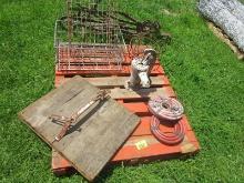 Skid with Old Hand Pump, Steel Crates, Hose, Wooden Door