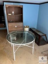 Metal Outdoor Table with Glass Top, Wood and Glass Counter Display and Bookshelf