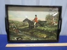 Vtg Wood Serving Tray W/ Hunting Scene