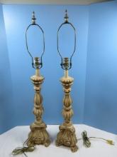 Gorgeous Pair 32" Italian Baroque Style Candlestick Table Lamps Elaborate Design Antique