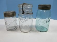 3 Ball Mason Glass Canning Jars Blue Glass Improved Glass Lid w/ Zinc Qt Size Clear Improved