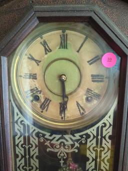 (FD) ANTIQUE EASTLAKE WALNUT INGRAM AND CO MANTLE CLOCK, WITH KEY, 15 1/4"L 22"W