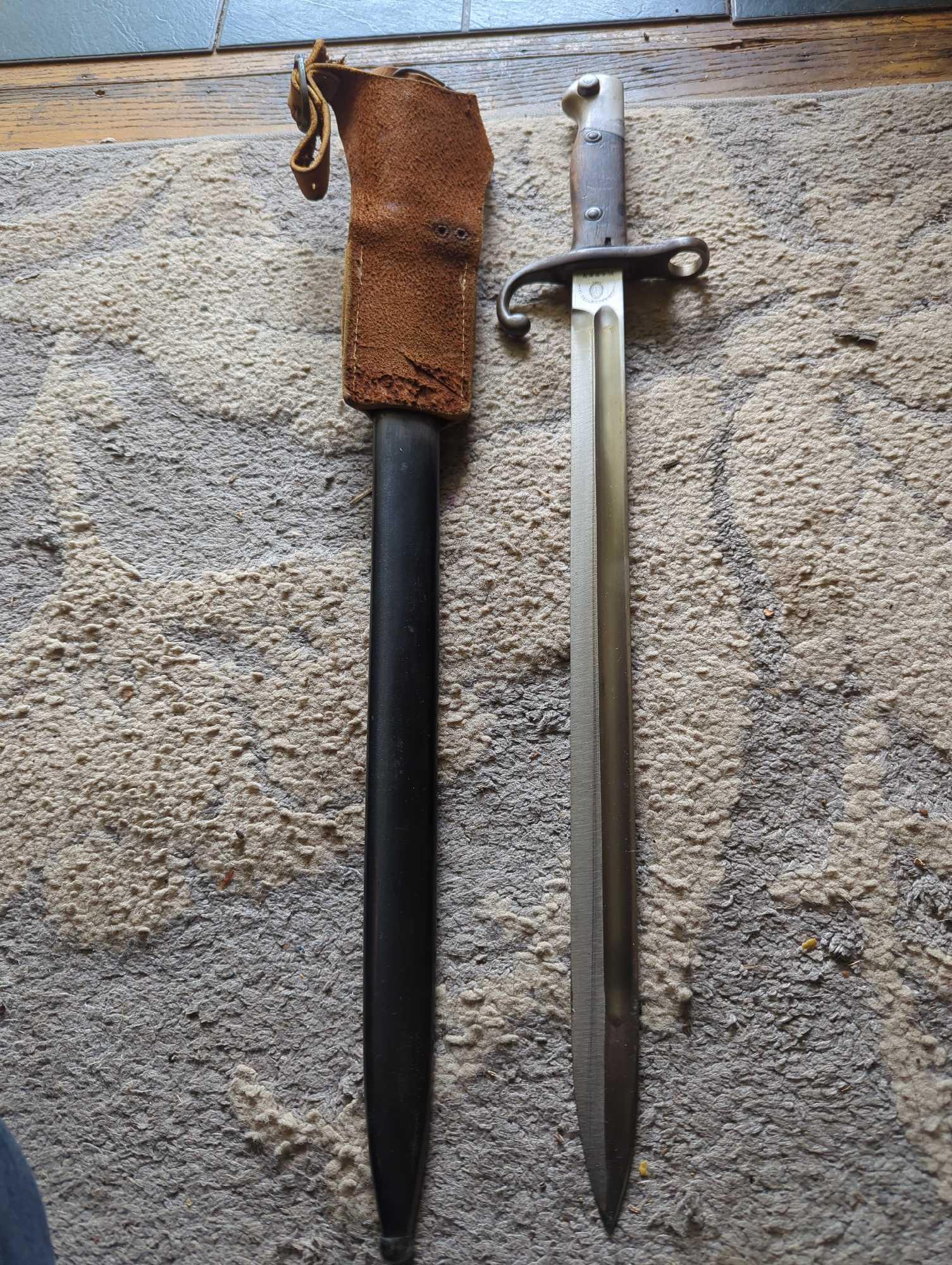 (FD) WWII GERMANY MODELO ARGENTINO 1909 MAUSER SWORD BAYONET, K4357 MARKED ON SCABBARD AND BLADE