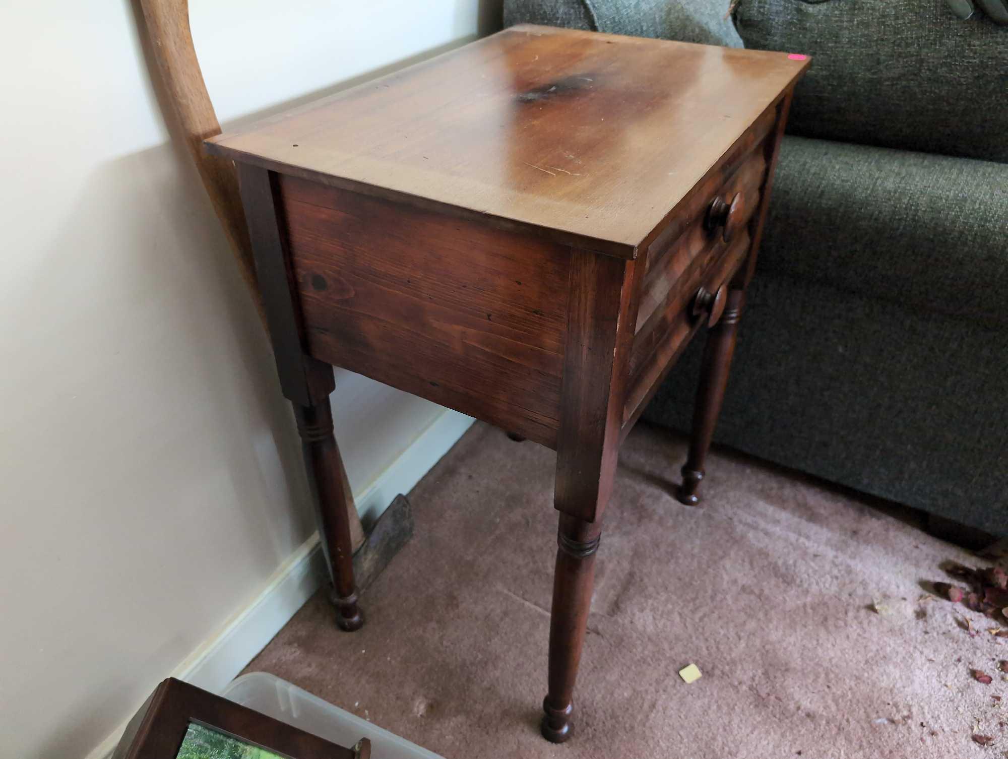 (LR) ANTIQUE SHERATON TWO (DR)AWER SIDE TABLE. KNOB STYLE PULLS, TURNED LEGS, DOVETAILED (DR)AWERS.