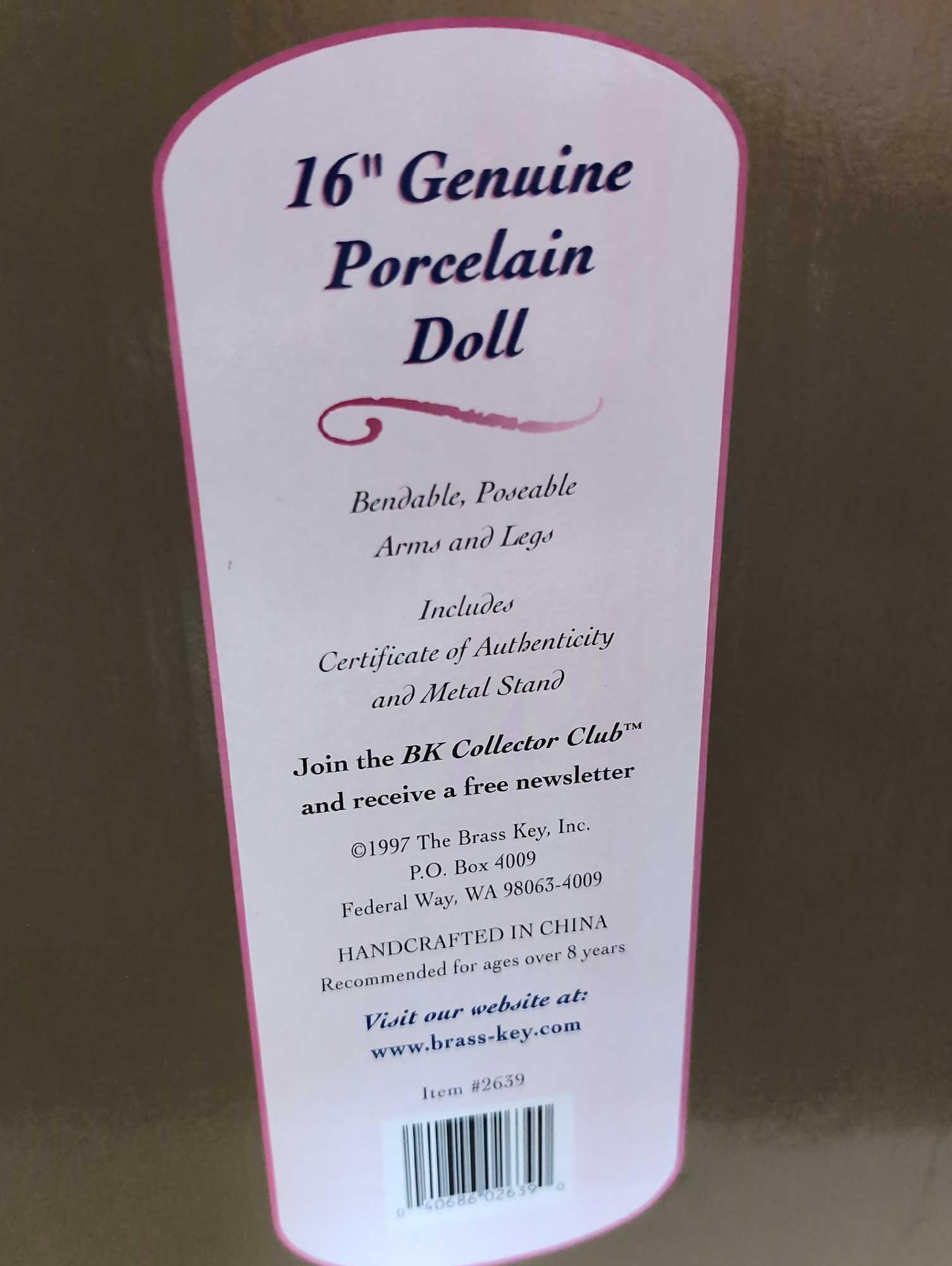 (LR) 1999 CAMELLIA GARDEN COLLECTION 16" GENUINE PORCELAIN DOLL WITH WOOD/GLASS DISPLAY CASE. IN