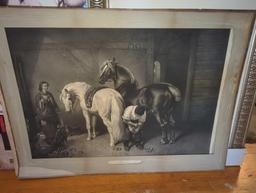 (HALL) LOT OF 3 PRINTS, HORSES IN THE STABLE, 38 1/4"L 28"W CINDY CRAWFORD FAIR GAME MOVIE POSTER,