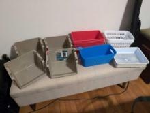 (BR2) LOT OF PLASTIC STORAGE BINS TO INCLUDE: (4) BLUE HAWK 3 CT. MINI STACKING BINS, (2) ESSENTIALS